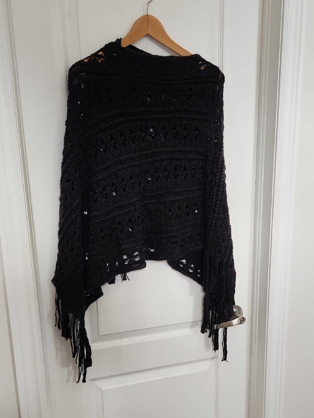 O/S Black Crochet Fringe Women's Poncho